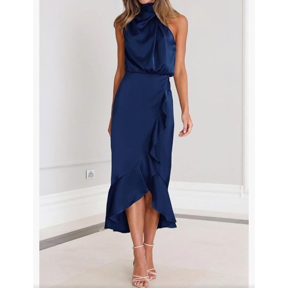 Kirundo Womens Sleeveless Navy Blue Ruffle Wrap Midi Dress Size Large Party - Picture 3 of 12